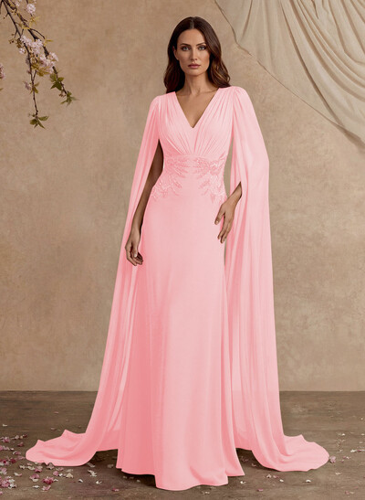 Elegant V-Neck Cape Sleeves Beading A-Line Sweep Train Chiffon Mother Of The Bride Dresses