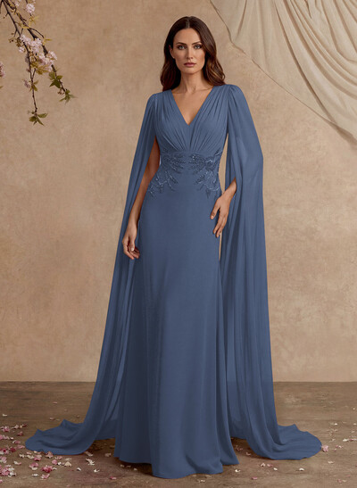 Elegant V-Neck Cape Sleeves Beading A-Line Sweep Train Chiffon Mother Of The Bride Dresses