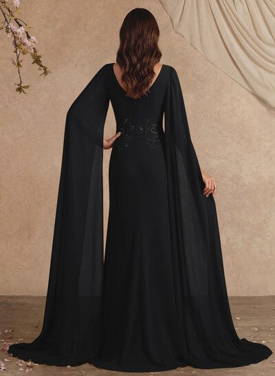 Elegant V-Neck Cape Sleeves Beading A-Line Sweep Train Chiffon Mother Of The Bride Dresses