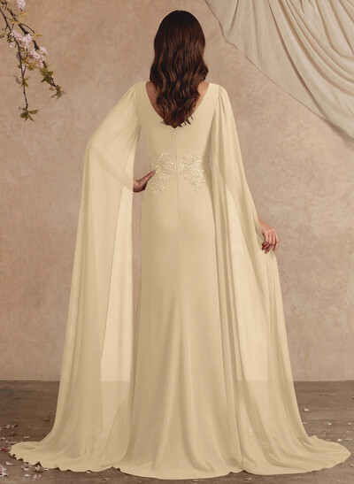 Elegant V-Neck Cape Sleeves Beading A-Line Sweep Train Chiffon Mother Of The Bride Dresses