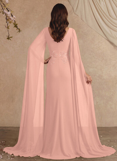Elegant V-Neck Cape Sleeves Beading A-Line Sweep Train Chiffon Mother Of The Bride Dresses