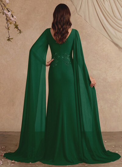 Elegant V-Neck Cape Sleeves Beading A-Line Sweep Train Chiffon Mother Of The Bride Dresses