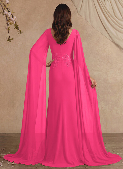 Elegant V-Neck Cape Sleeves Beading A-Line Sweep Train Chiffon Mother Of The Bride Dresses