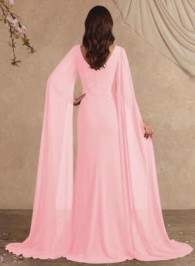 Elegant V-Neck Cape Sleeves Beading A-Line Sweep Train Chiffon Mother Of The Bride Dresses