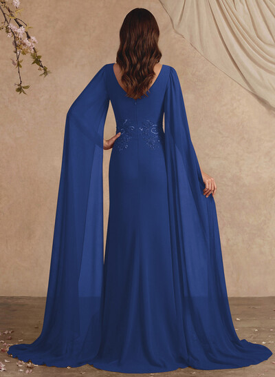 Elegant V-Neck Cape Sleeves Beading A-Line Sweep Train Chiffon Mother Of The Bride Dresses
