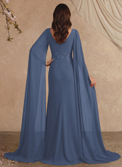 Elegant V-Neck Cape Sleeves Beading A-Line Sweep Train Chiffon Mother Of The Bride Dresses