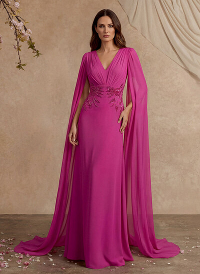 Elegant V-Neck Cape Sleeves Beading A-Line Sweep Train Chiffon Mother Of The Bride Dresses