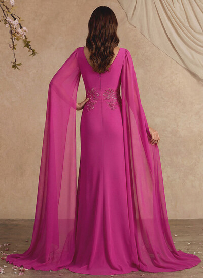 Elegant V-Neck Cape Sleeves Beading A-Line Sweep Train Chiffon Mother Of The Bride Dresses