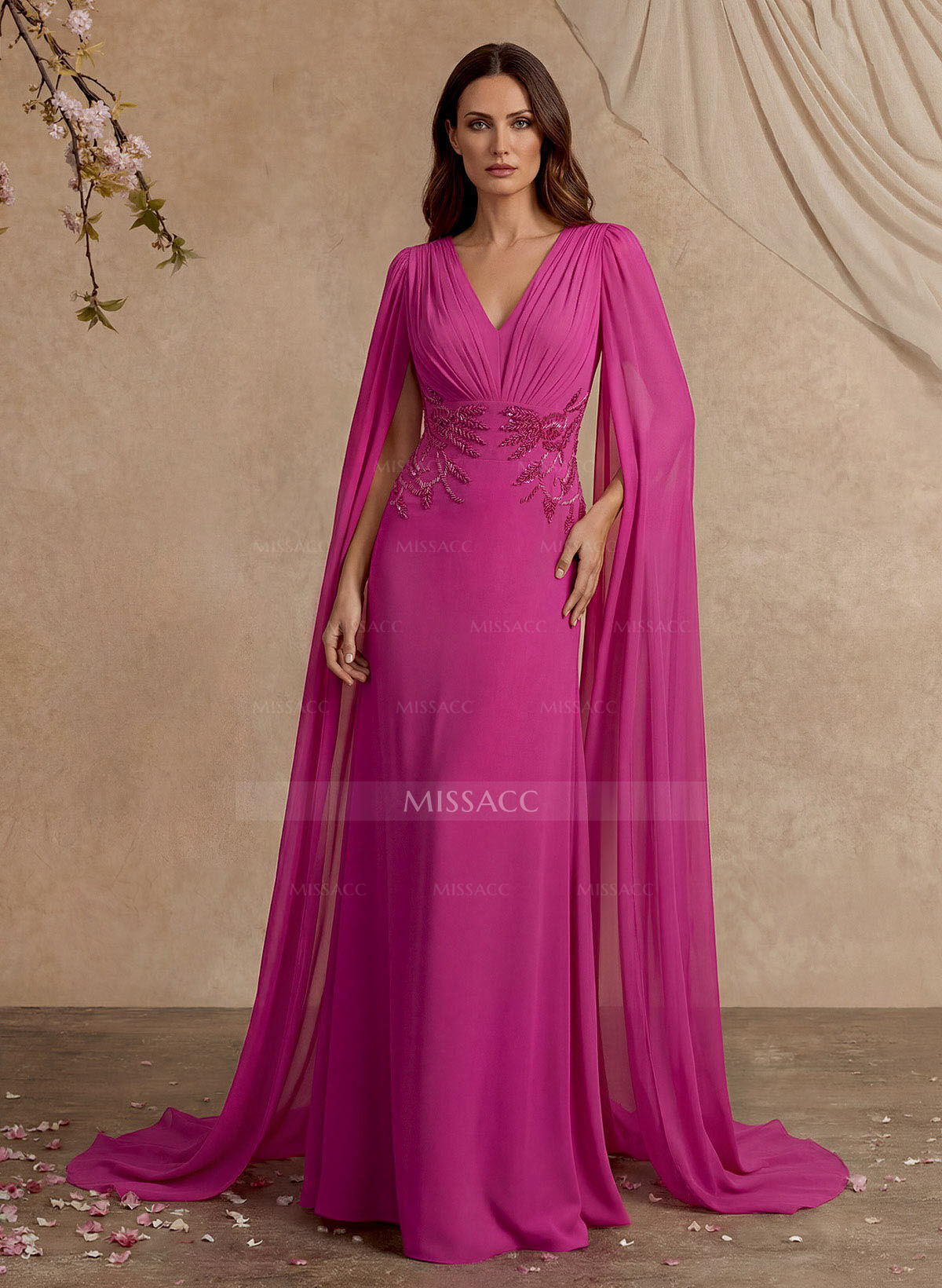 Elegant V-Neck Cape Sleeves Beading A-Line Sweep Train Chiffon Mother Of The Bride Dresses