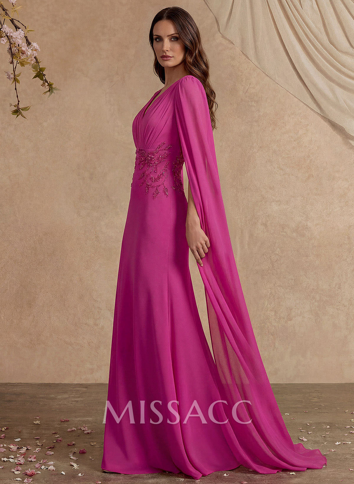 Elegant V-Neck Cape Sleeves Beading A-Line Sweep Train Chiffon Mother Of The Bride Dresses