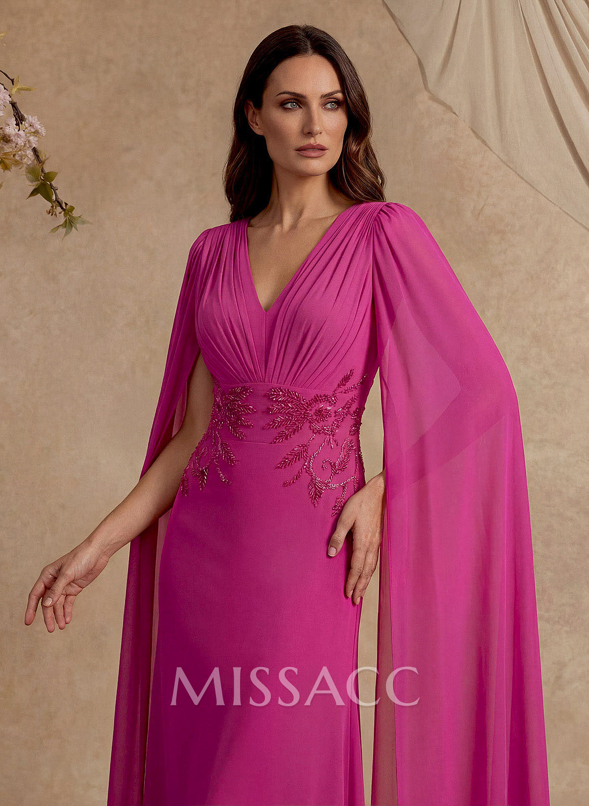 Elegant V-Neck Cape Sleeves Beading A-Line Sweep Train Chiffon Mother Of The Bride Dresses
