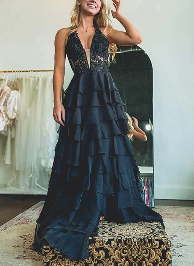 A-Line Halter Sleeveless Sweep Train Chiffon/Lace Prom Dresses With Cascading Ruffles