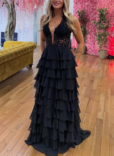 A-Line Halter Sleeveless Sweep Train Chiffon/Lace Prom Dresses With Cascading Ruffles