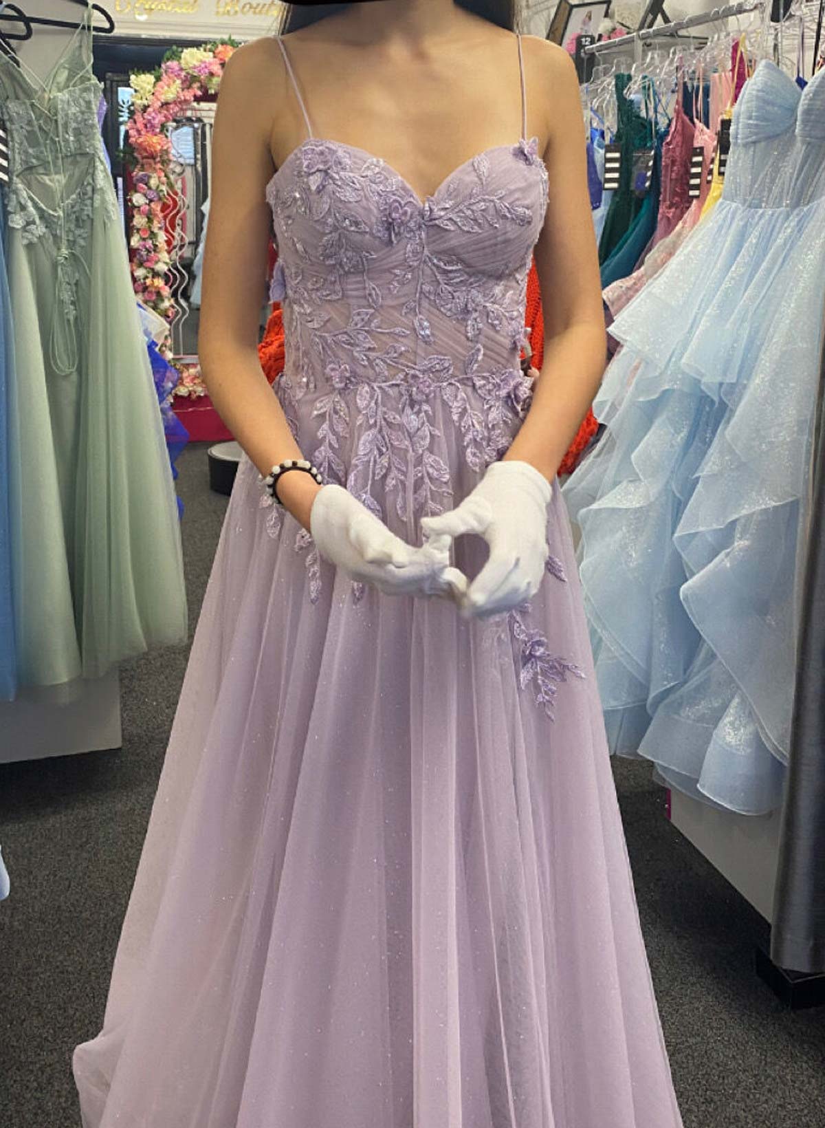 A-Line Sweetheart Floor-Length Chiffon/Lace Prom Dresses With Appliques Lace