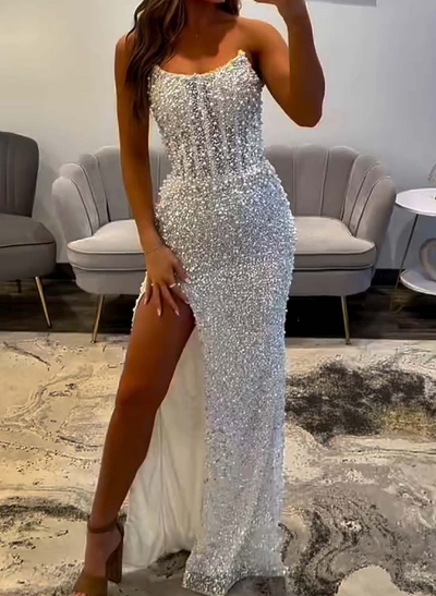 Trumpet/Mermaid Strapless Sweep Train Lace Prom Dresses With Beading/Sequins/High Split