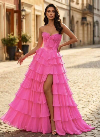 A-Line Strapless Sleeveless Floor-Length 30D Chiffon Prom Dresses With Bow/Tiered