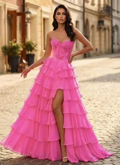 A-Line Strapless Sleeveless Floor-Length 30D Chiffon Prom Dresses With Bow/Tiered