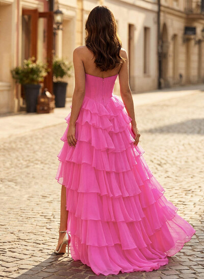 A-Line Strapless Sleeveless Floor-Length 30D Chiffon Prom Dresses With Bow/Tiered
