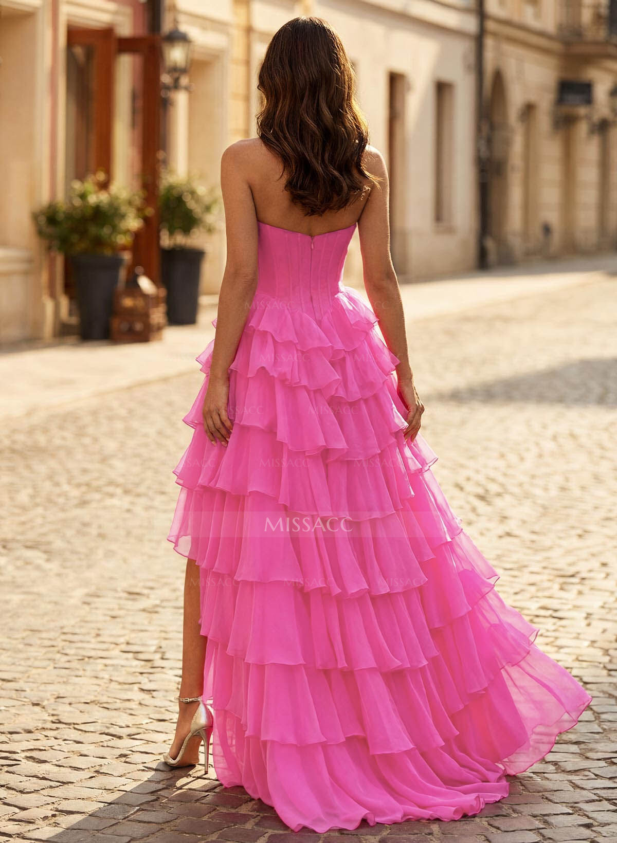 A-Line Strapless Sleeveless Floor-Length 30D Chiffon Prom Dresses With Bow/Tiered