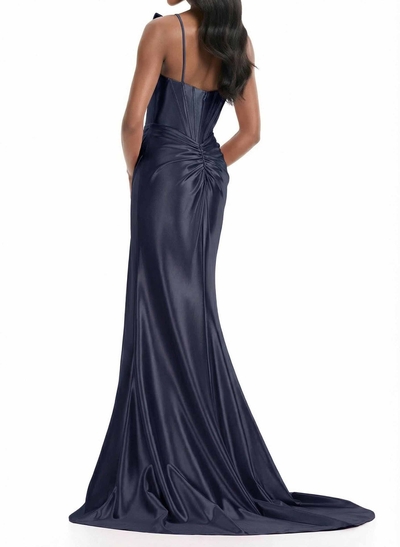 Trumpet/Mermaid Sweetheart Sleeveless Sweep Train Charmeuse Prom Dresses With Split Front/Bows/High Split