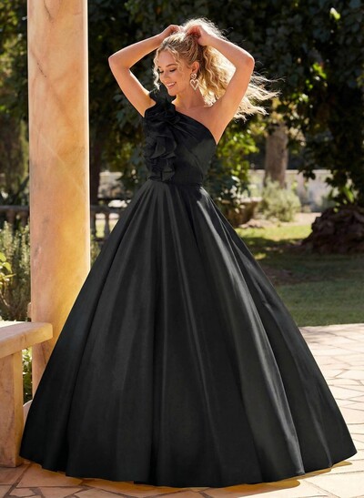 A-Line One-Shoulder Sleeveless Floor-Length Liquid Satin Prom Dresses