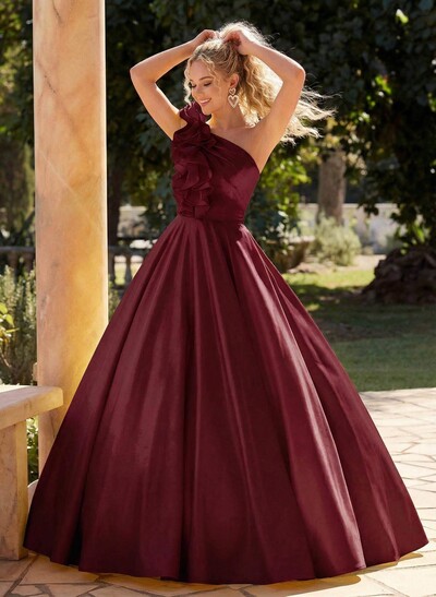 A-Line One-Shoulder Sleeveless Floor-Length Liquid Satin Prom Dresses