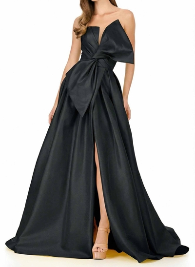 A-Line Strapless Sleeveless Sweep Train Satin Prom Dresses With Split Front/Bow
