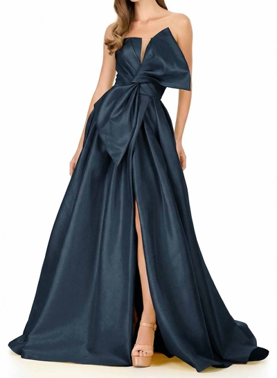 A-Line Strapless Sleeveless Sweep Train Satin Prom Dresses With Split Front/Bow