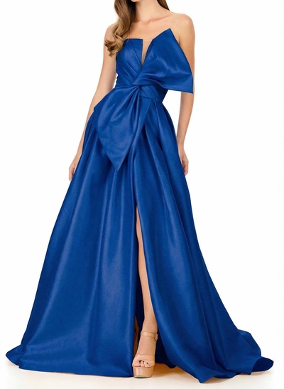 A-Line Strapless Sleeveless Sweep Train Satin Prom Dresses With Split Front/Bow