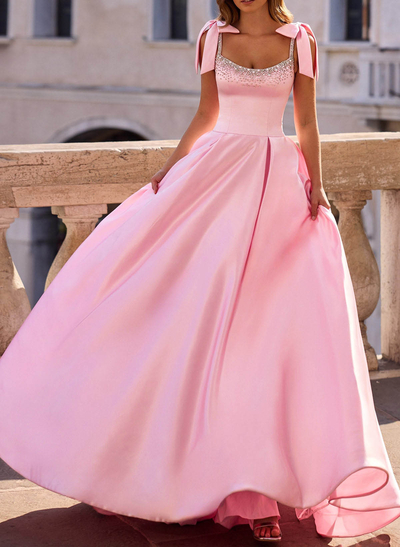 Ball-Gown Scoop Neck Sleeveless Sweep Train Satin Prom Dresses With Bows/Beading
