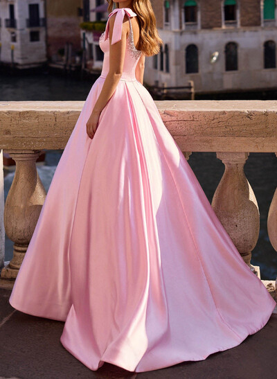 Ball-Gown Scoop Neck Sleeveless Sweep Train Satin Prom Dresses With Bows/Beading