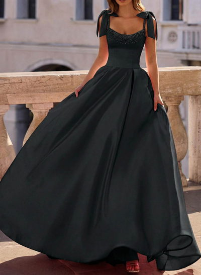 Ball-Gown Scoop Neck Sleeveless Sweep Train Satin Prom Dresses With Bows/Beading