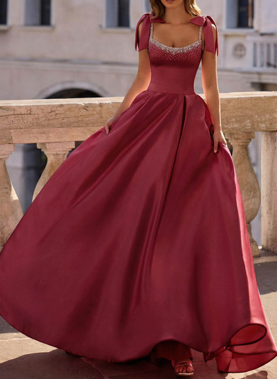 Ball-Gown Scoop Neck Sleeveless Sweep Train Satin Prom Dresses With Bows/Beading
