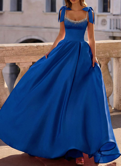 Ball-Gown Scoop Neck Sleeveless Sweep Train Satin Prom Dresses With Bows/Beading