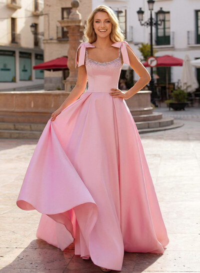 Ball-Gown Scoop Neck Sleeveless Sweep Train Satin Prom Dresses With Bows/Beading