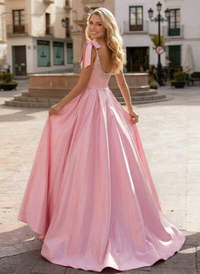 Ball-Gown Scoop Neck Sleeveless Sweep Train Satin Prom Dresses With Bows/Beading