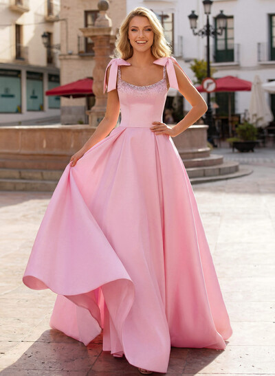 Ball-Gown Scoop Neck Sleeveless Sweep Train Satin Prom Dresses With Bows/Beading