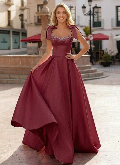 Ball-Gown Scoop Neck Sleeveless Sweep Train Satin Prom Dresses With Bows/Beading
