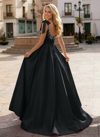 Ball-Gown Scoop Neck Sleeveless Sweep Train Satin Prom Dresses With Bows/Beading