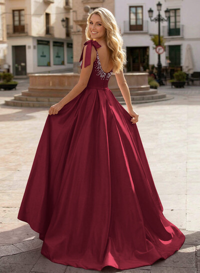 Ball-Gown Scoop Neck Sleeveless Sweep Train Satin Prom Dresses With Bows/Beading