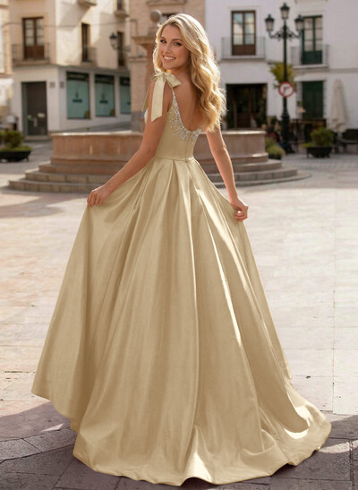 Ball-Gown Scoop Neck Sleeveless Sweep Train Satin Prom Dresses With Bows/Beading