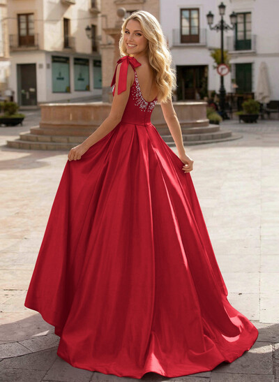 Ball-Gown Scoop Neck Sleeveless Sweep Train Satin Prom Dresses With Bows/Beading