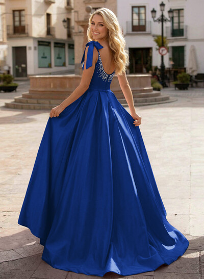 Ball-Gown Scoop Neck Sleeveless Sweep Train Satin Prom Dresses With Bows/Beading