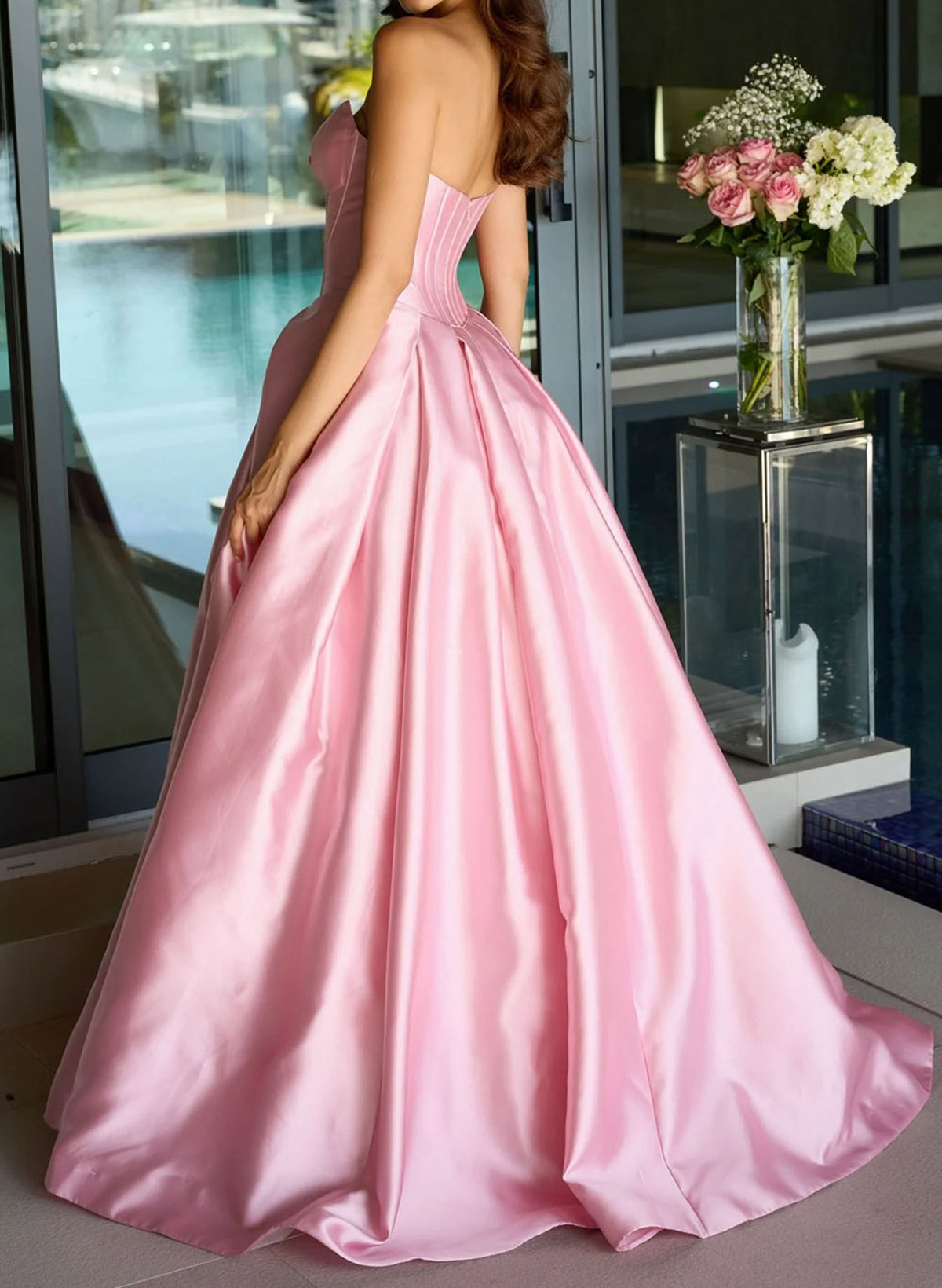 Ball-Gown Strapless Sleeveless Sweep Train Satin Prom Dresses With Pleated
