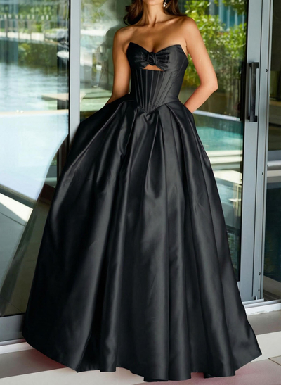 Ball-Gown Strapless Sleeveless Sweep Train Satin Prom Dresses With Pleated
