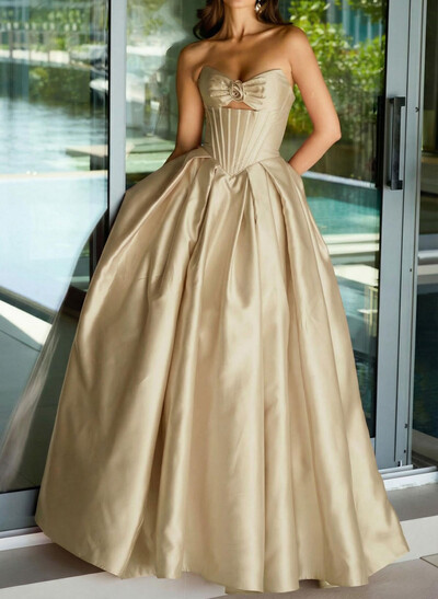 Ball-Gown Strapless Sleeveless Sweep Train Satin Prom Dresses With Pleated