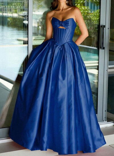 Ball-Gown Strapless Sleeveless Sweep Train Satin Prom Dresses With Pleated