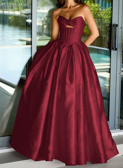 Ball-Gown Strapless Sleeveless Sweep Train Satin Prom Dresses With Pleated