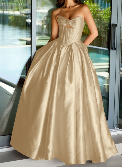 Ball-Gown Strapless Sleeveless Sweep Train Satin Prom Dresses With Pleated