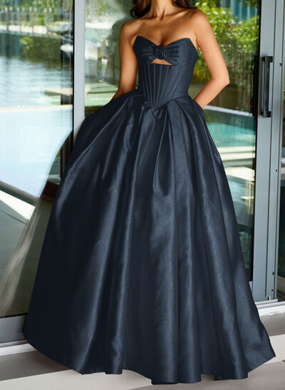 Ball-Gown Strapless Sleeveless Sweep Train Satin Prom Dresses With Pleated